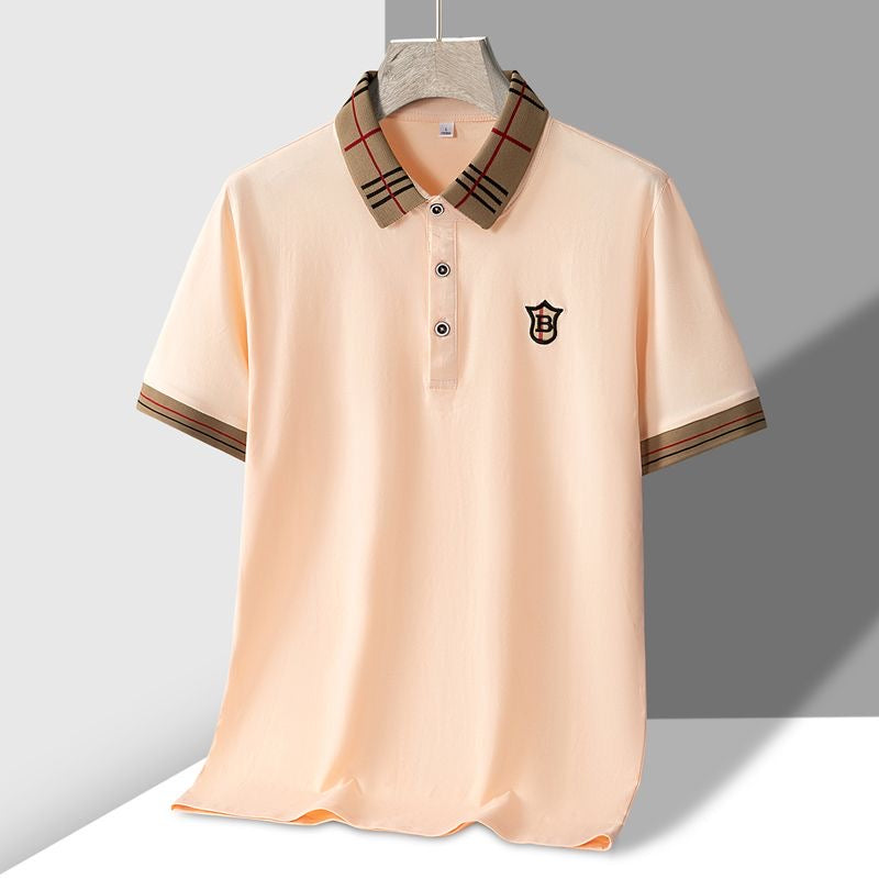 Men's Polo Shirt with Embroidered "B" Crest and Plaid Accent Collar