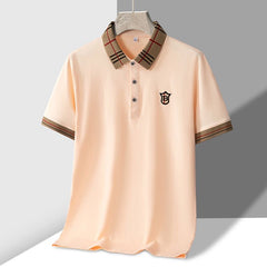 Men's Polo Shirt with Embroidered "B" Crest and Plaid Accent Collar