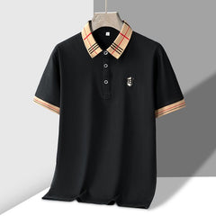 Men's Polo Shirt with Embroidered "B" Crest and Plaid Accent Collar