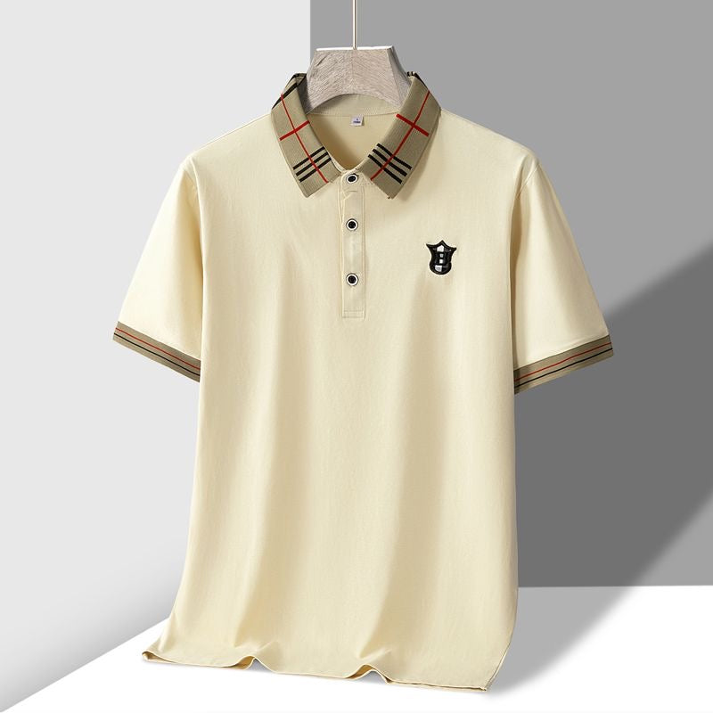 Men's Polo Shirt with Embroidered "B" Crest and Plaid Accent Collar