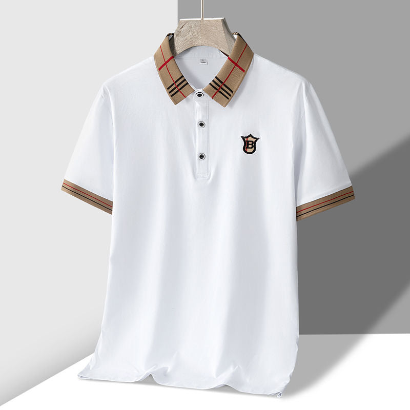 Men's Polo Shirt with Embroidered "B" Crest and Plaid Accent Collar