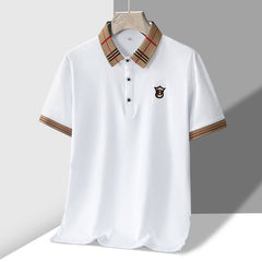 Men's Polo Shirt with Embroidered "B" Crest and Plaid Accent Collar