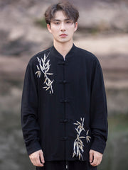 Buckle Bamboo Leaf Embroidery Chinese Style Long Sleeved Shirt