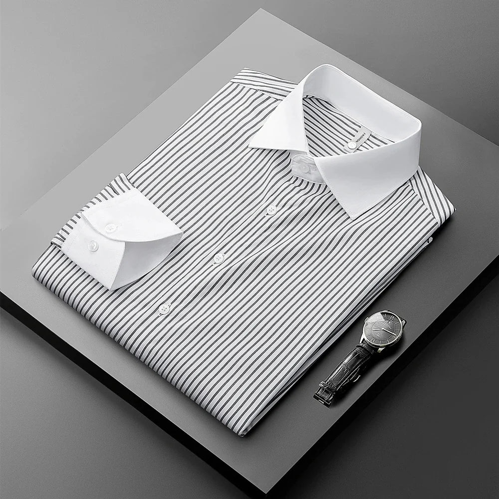 Men's Classic Striped Formal Shirt with Contrast White Collar