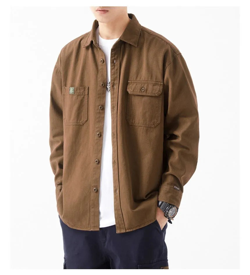 Brown Double Pocket Button Up Solid Shirt