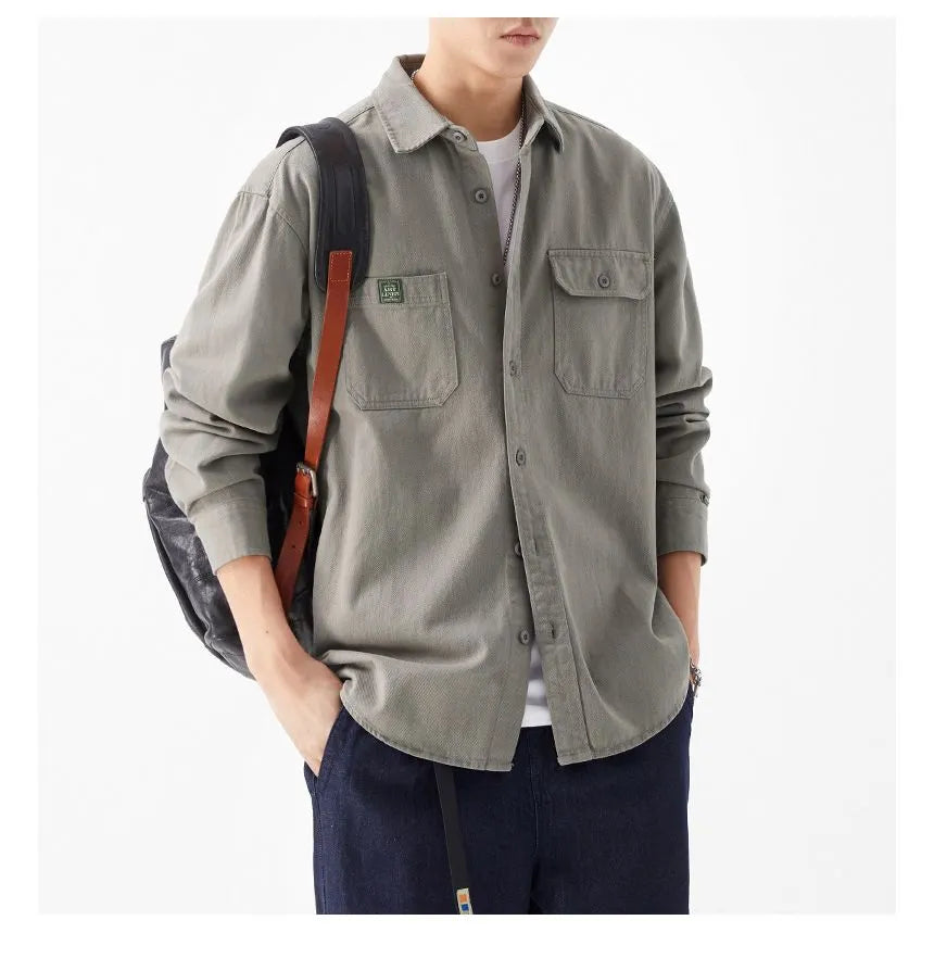 Grey Double Pocket Button Up Solid Shirt