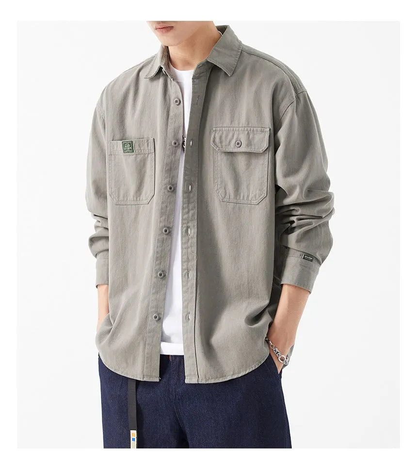 Grey Double Pocket Button Up Solid Shirt