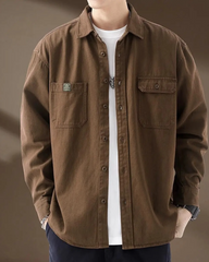 Brown Double Pocket Button Up Solid Shirt