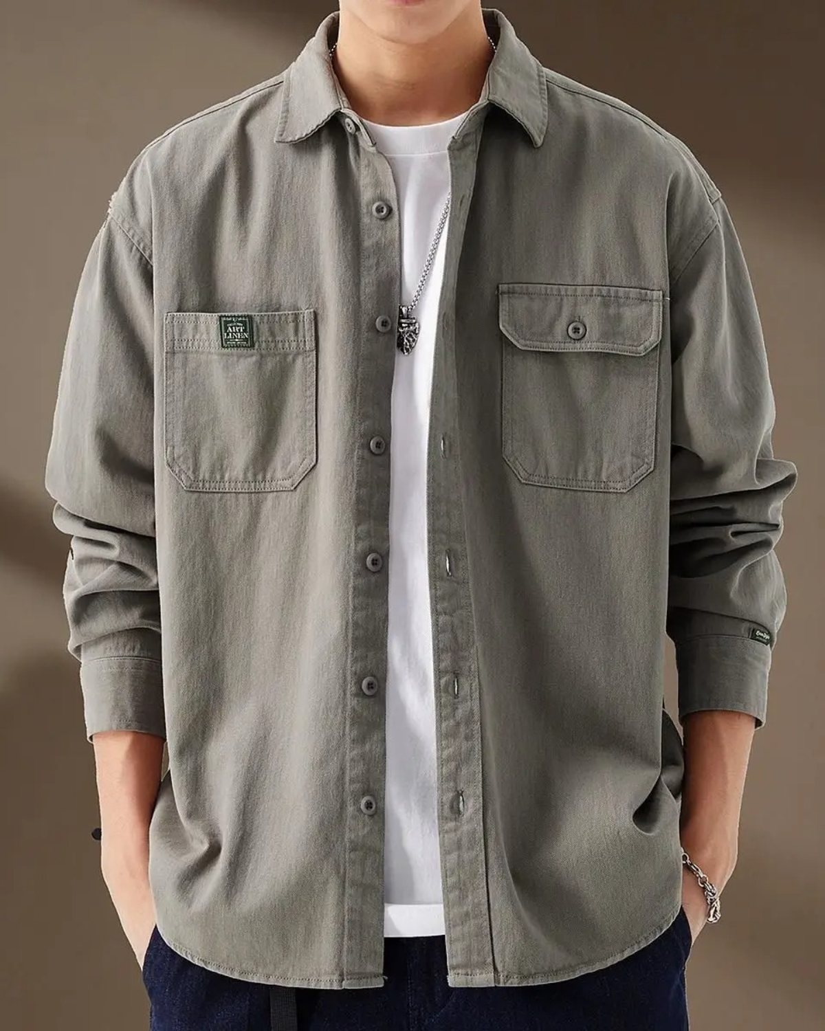 Grey Double Pocket Button Up Solid Shirt