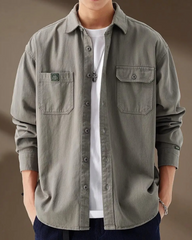 Grey Double Pocket Button Up Solid Shirt