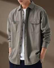 Grey Double Pocket Button Up Solid Shirt