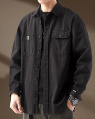 Black Double Pocket Button Up Solid Shirt