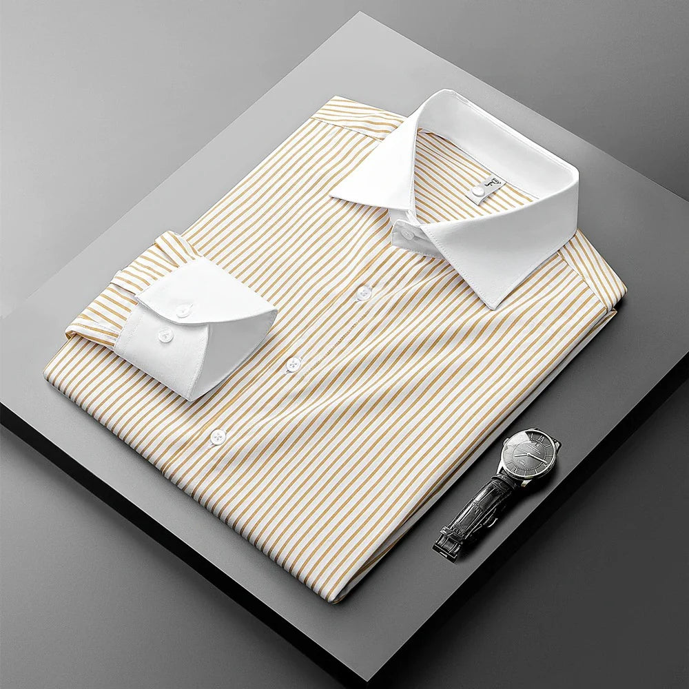 Men's Classic Striped Formal Shirt with Contrast White Collar