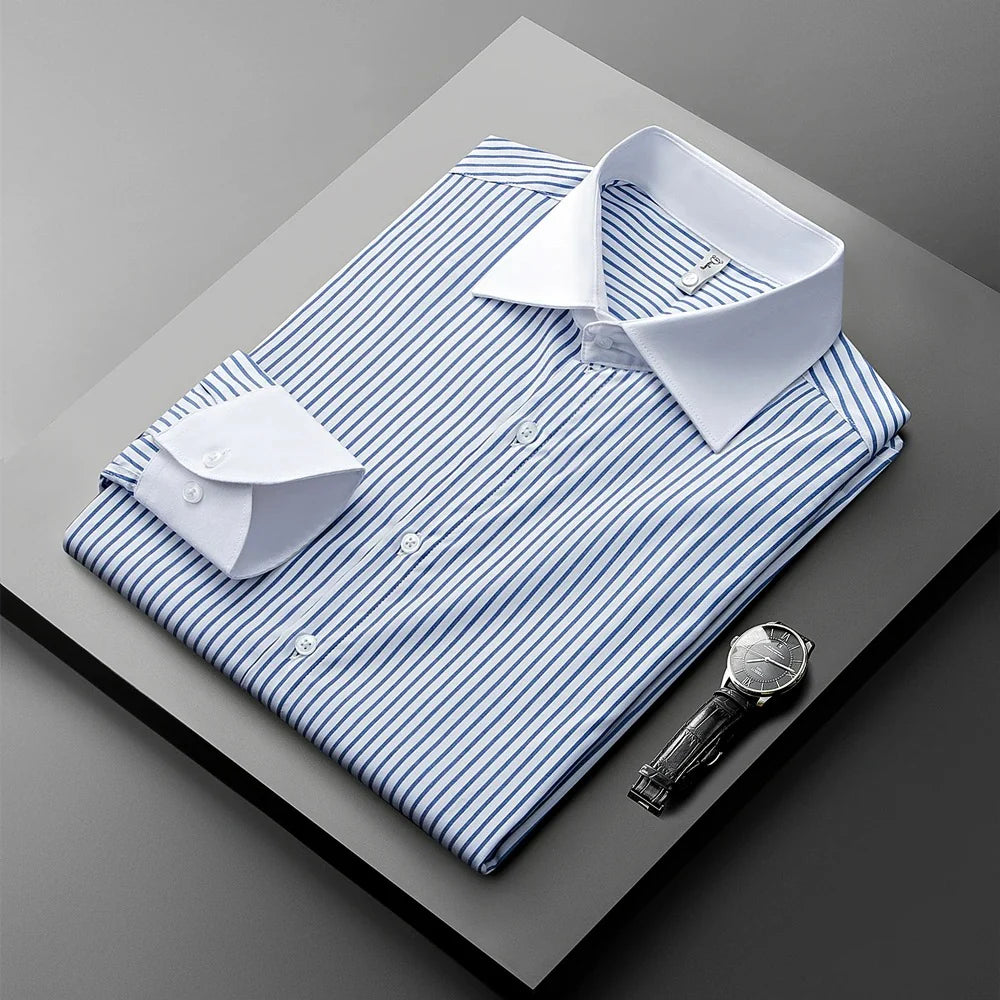 Men's Classic Striped Formal Shirt with Contrast White Collar