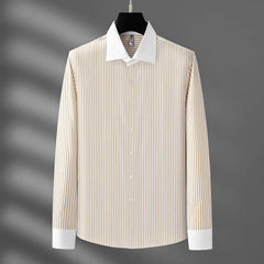 Men's Classic Striped Formal Shirt with Contrast White Collar